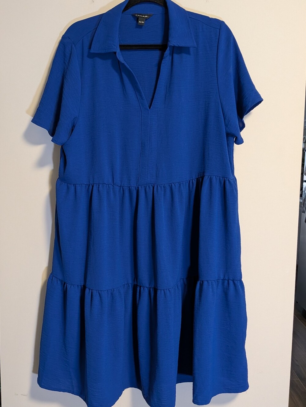 Tahari Babydoll Swing Dress Size XL Blue Short Sleeved Flowy Tiered.
